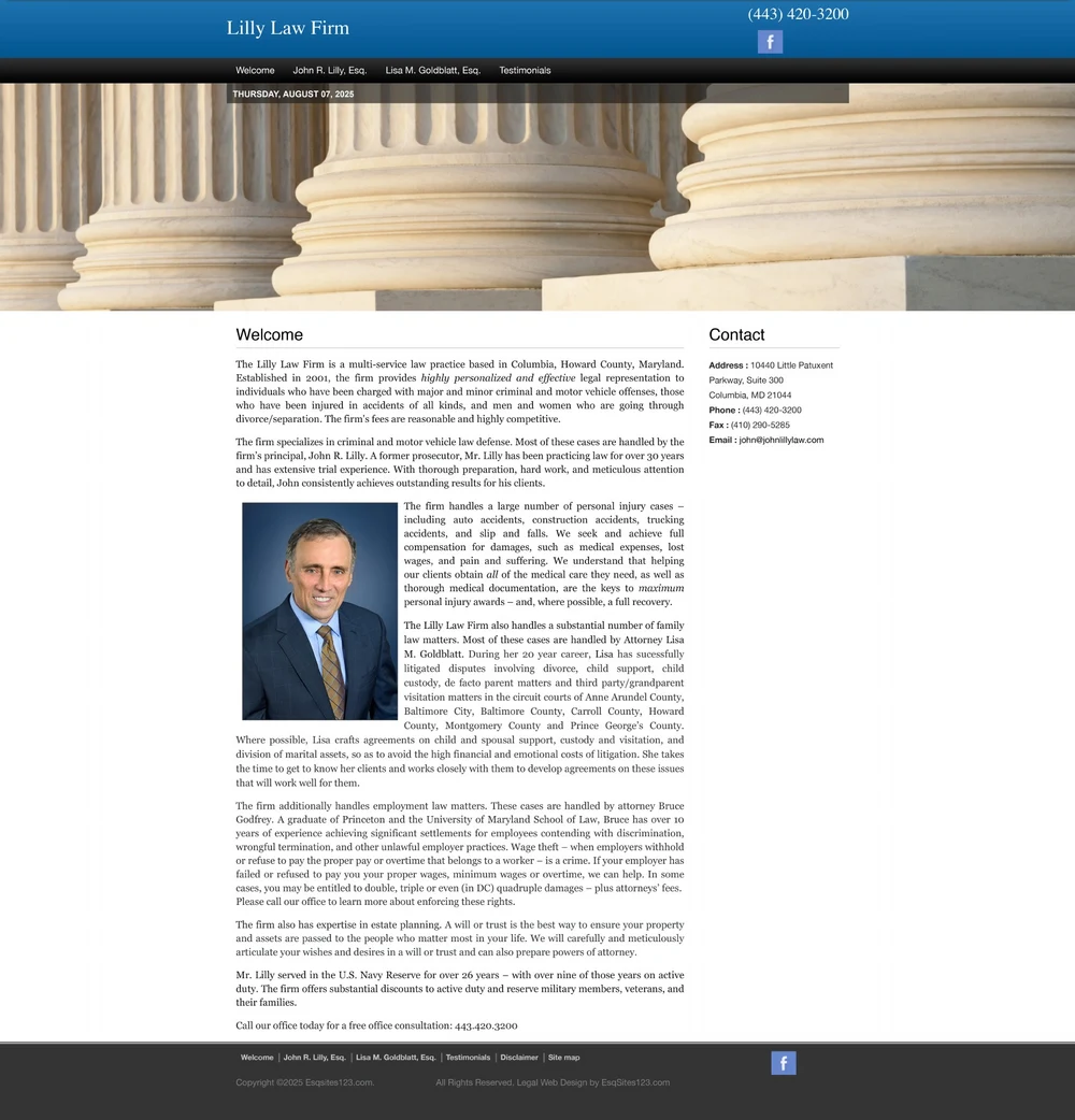 Previous Lilly Law website with blue header, columns photograph, and long text passages.