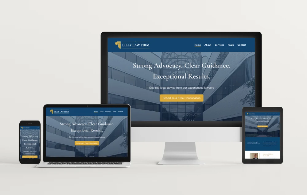 Lilly Law website shown across desktop, laptop, tablet, and phone mockups.