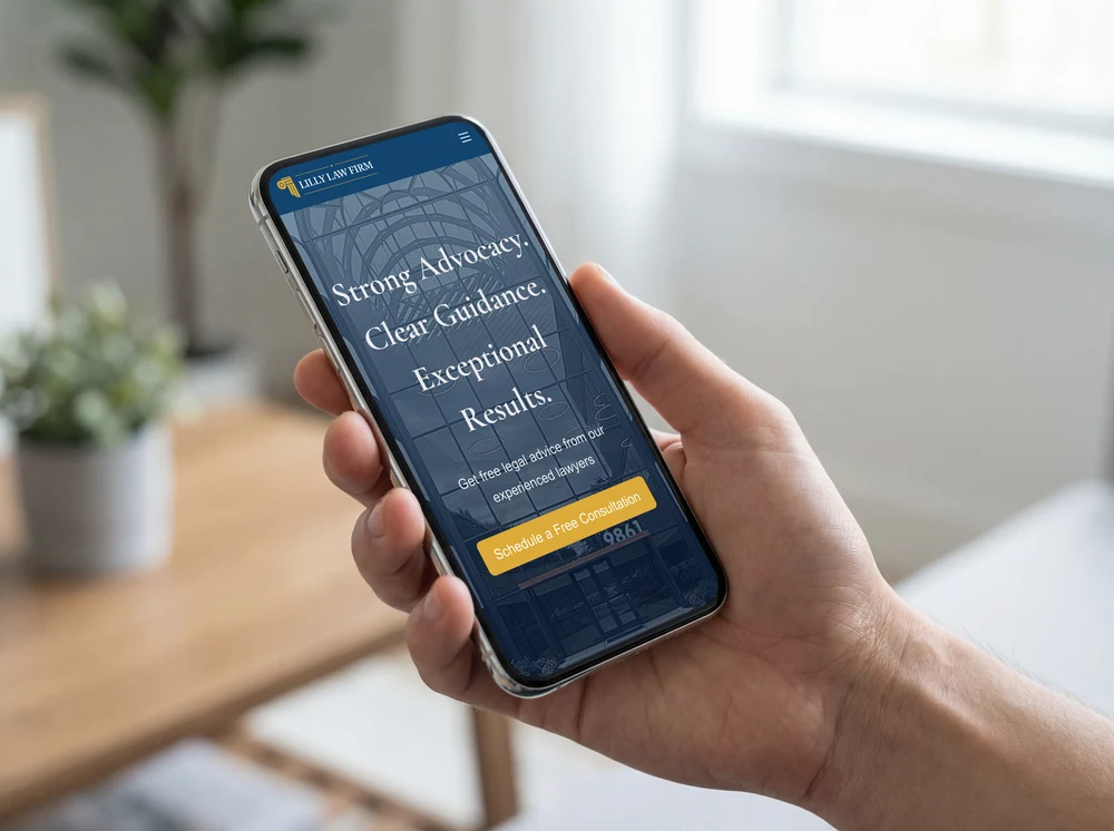 Lilly Law website displayed on an iPhone held in a hand.