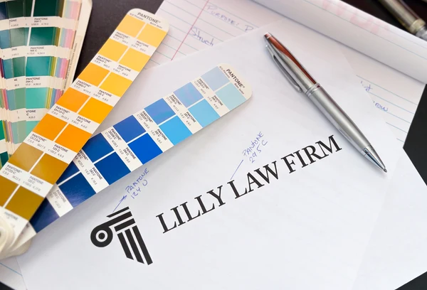 Printed Lilly Law logo with blue and yellow color swatches.