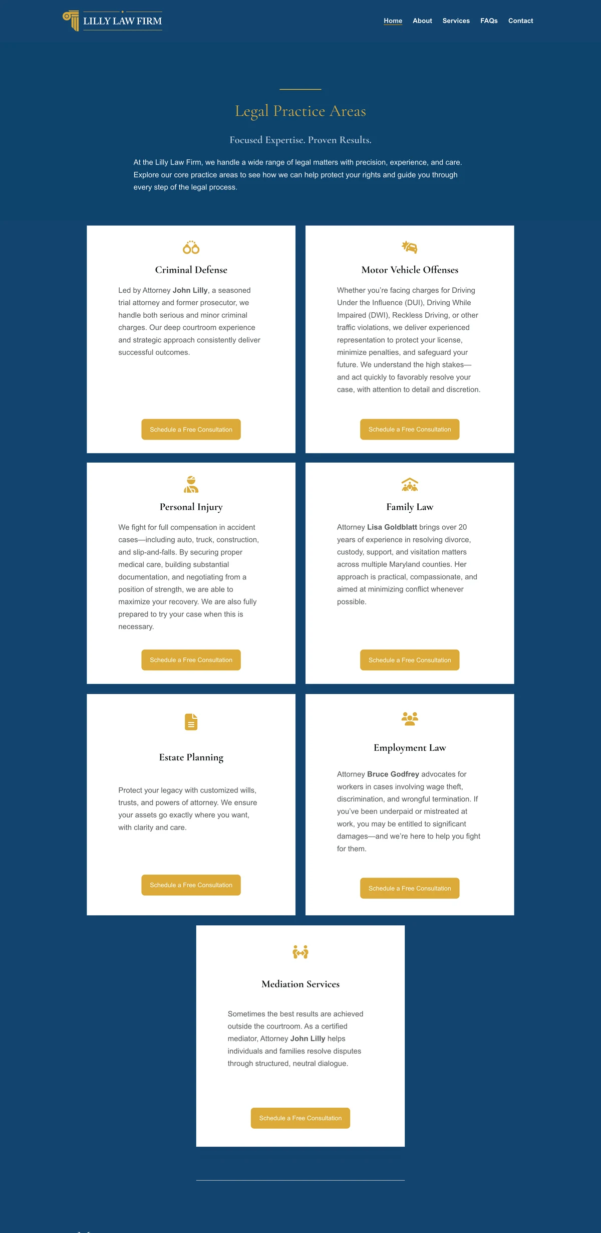 Practice-area cards in the finished Lilly Law website design.