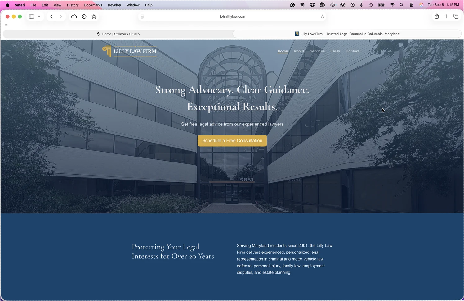 Law firm website hero displayed over a photograph of a building facade.